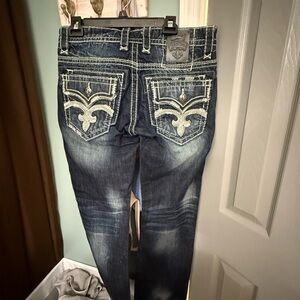 Rock Revival distressed dark blue jeans